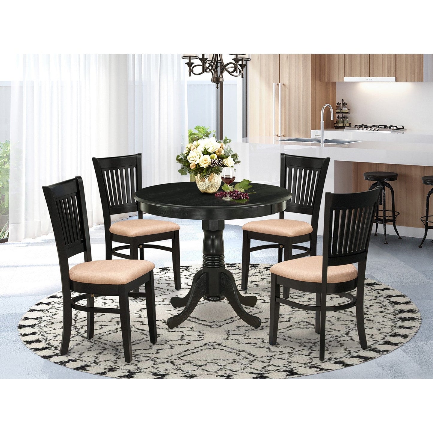 EAST WEST FURNITURE - ANVA5-BLK-C - 5-Pc Dinette Room Set- 4 Wooden Chair and Modern dining room table - Linen Fabric Seat and Slatted Chair Back (Black Finish)