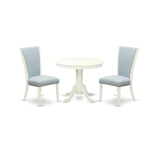 EAST WEST FURNITURE - ANVE3-LWH-15 - 3 Pc Dining Room Set - 2 Baby Blue Linen Fabric Dining Chairs with High Back and 1 Removable leaf Dining Room Table - linen white Finish
