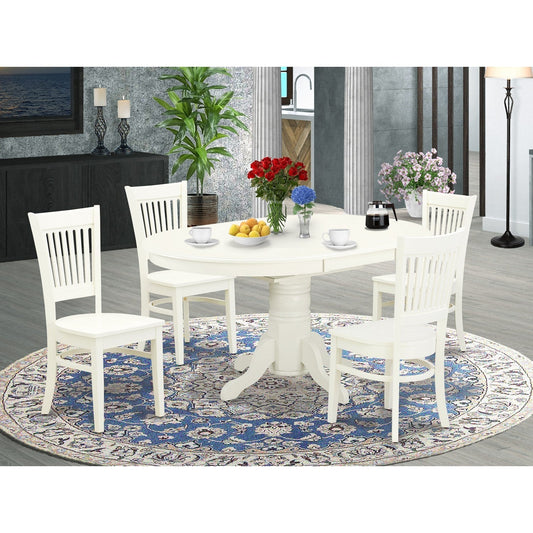 EAST WEST FURNITURE - AVVA5-LWH-W - 5-Piece Modern Dining Set- 4 Mid Century Chair with Wooden Seat and Slatted Chair Back - Removable leaf Oval Dining Table - linen white Finish