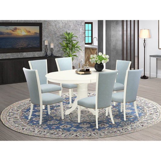EAST WEST FURNITURE - AVVE7-LWH-15 - 7 Piece Dining Room Table Set - 6 Baby Blue Linen Fabric Dining Room Chairs with High Back and 1 Oval Dining Table - Removable leaf - linen white Finish