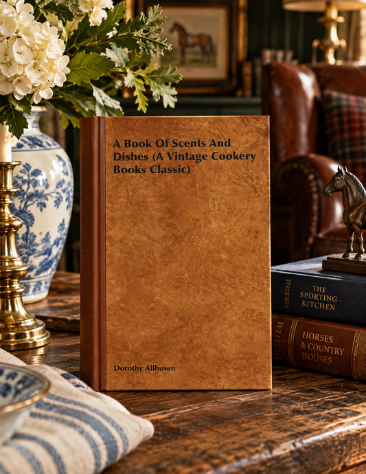 A vintage-style cookery book titled 'A Book Of Scents And Dishes (A Vintage Cookery Books Classic)' by Dorothy Allbensen, standing upright on a wooden table in a cozy, rustic room setting.