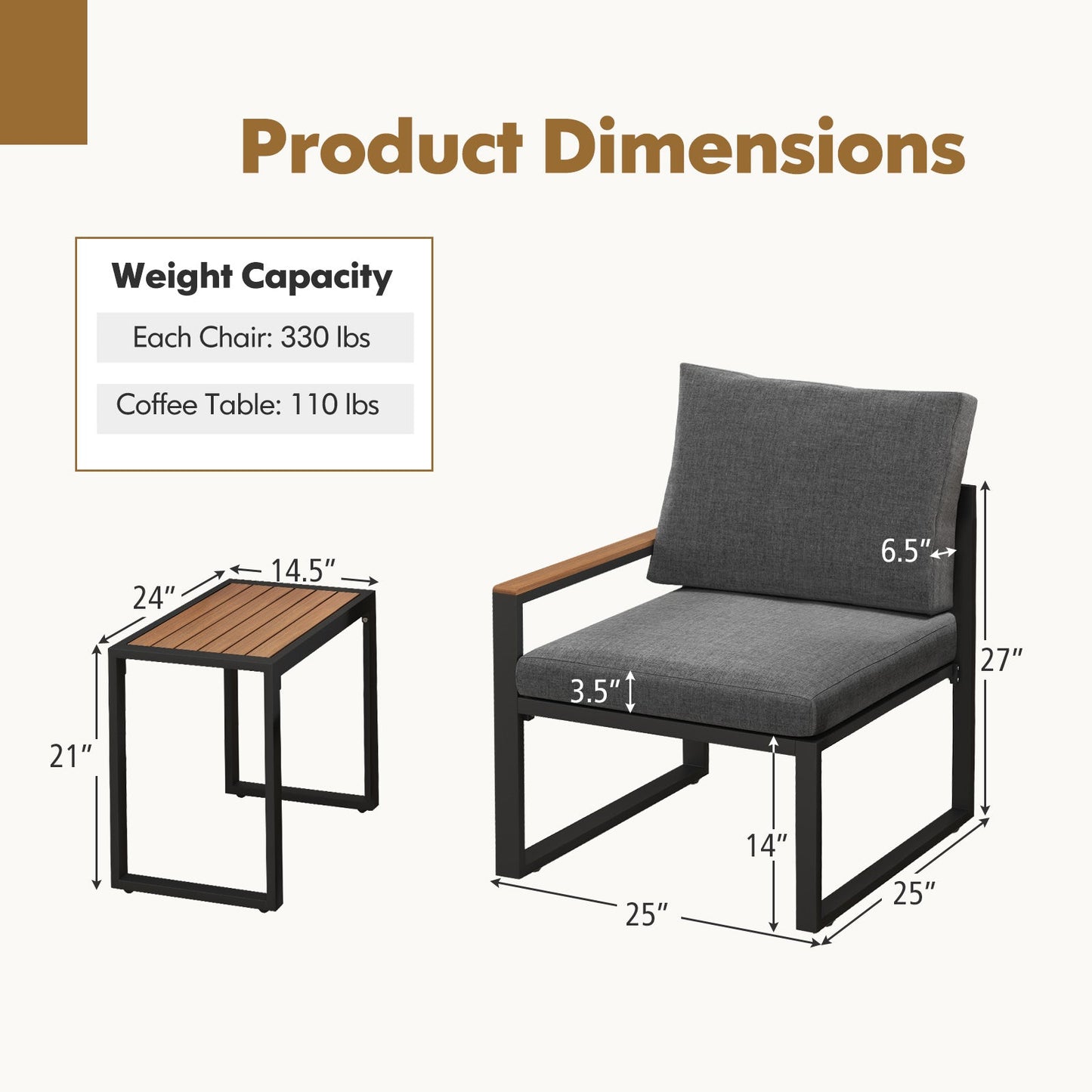 3 Pieces Aluminum Frame Weatherproof Outdoor Conversation Set with Soft Cushions-Gray