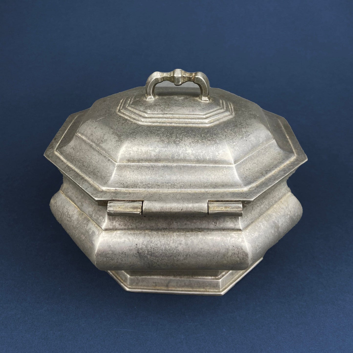 Antique Italian Pewter Box with Hinged Lid. Large Pewter Bowl Made in Italy. Trinket or Jewelry Box.