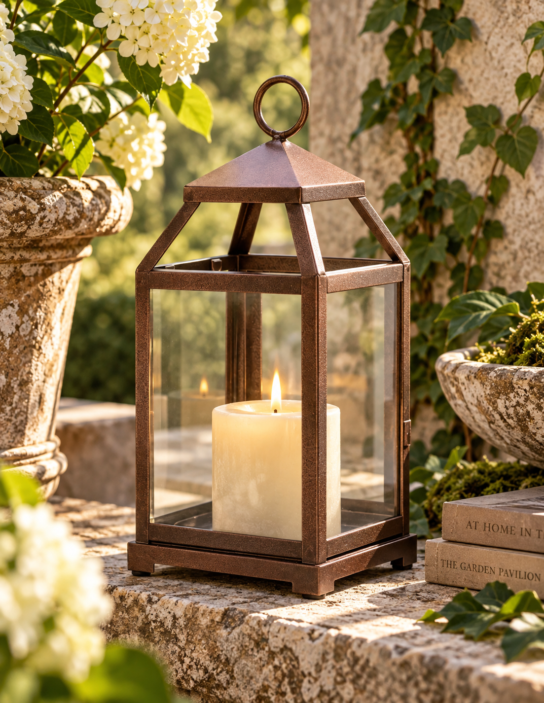 A rustic bronze lantern with clear glass panels and a lit white pillar candle inside, placed on a stone surface outdoors with flowers, greenery, and books in the background.