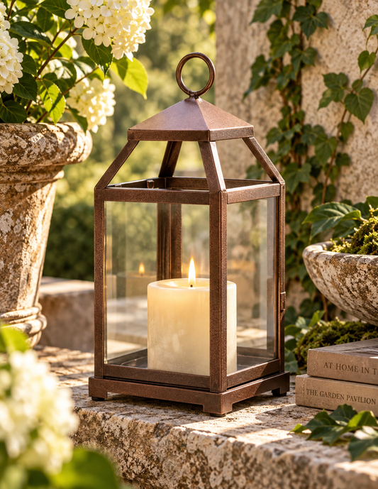 A rustic bronze lantern with clear glass panels and a lit white pillar candle inside, placed on a stone surface outdoors with flowers, greenery, and books in the background.