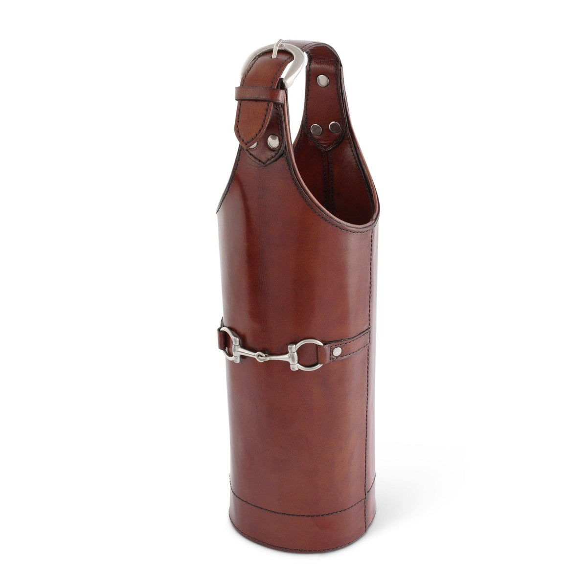 Brown leather boot jack with metal accents on a white background