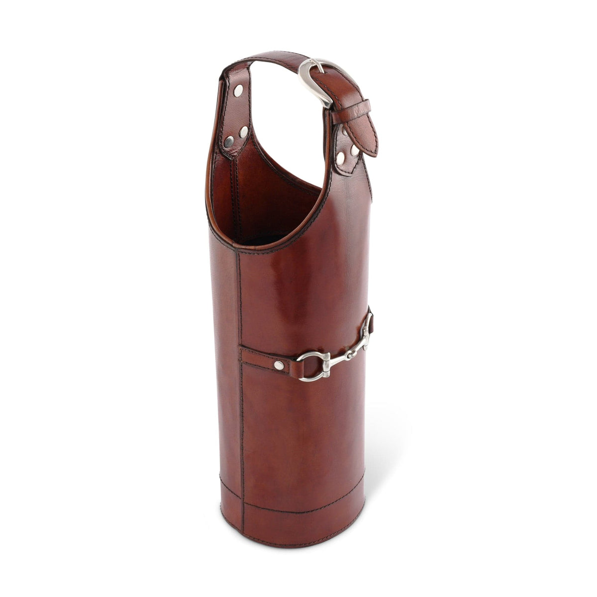 Brown leather umbrella stand with silver hardware on a white background