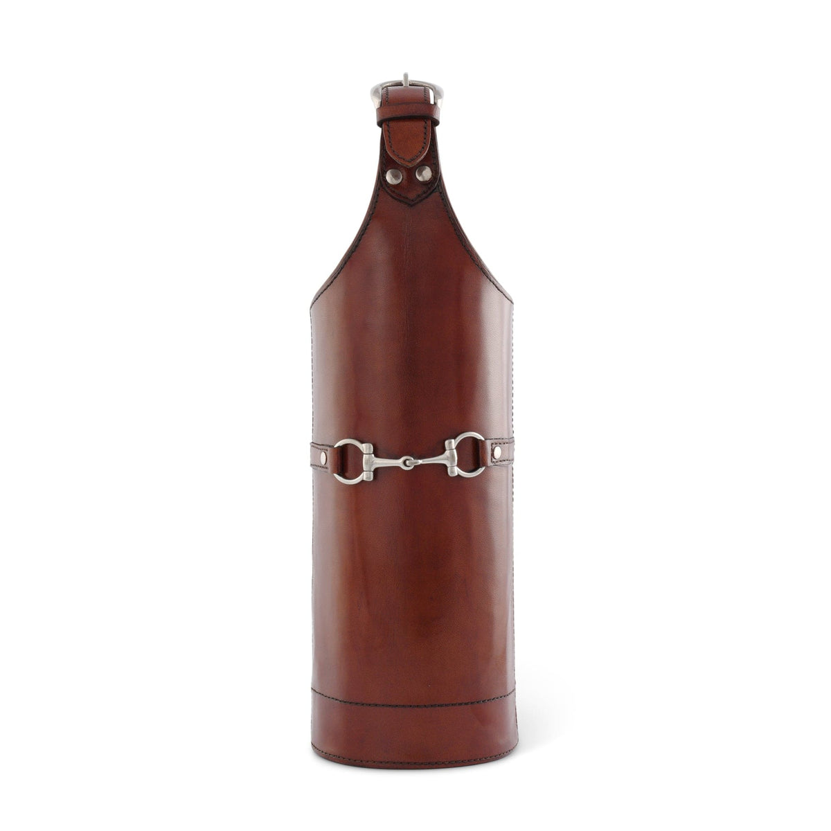 Brown leather bottle holder with silver buckle on a white background