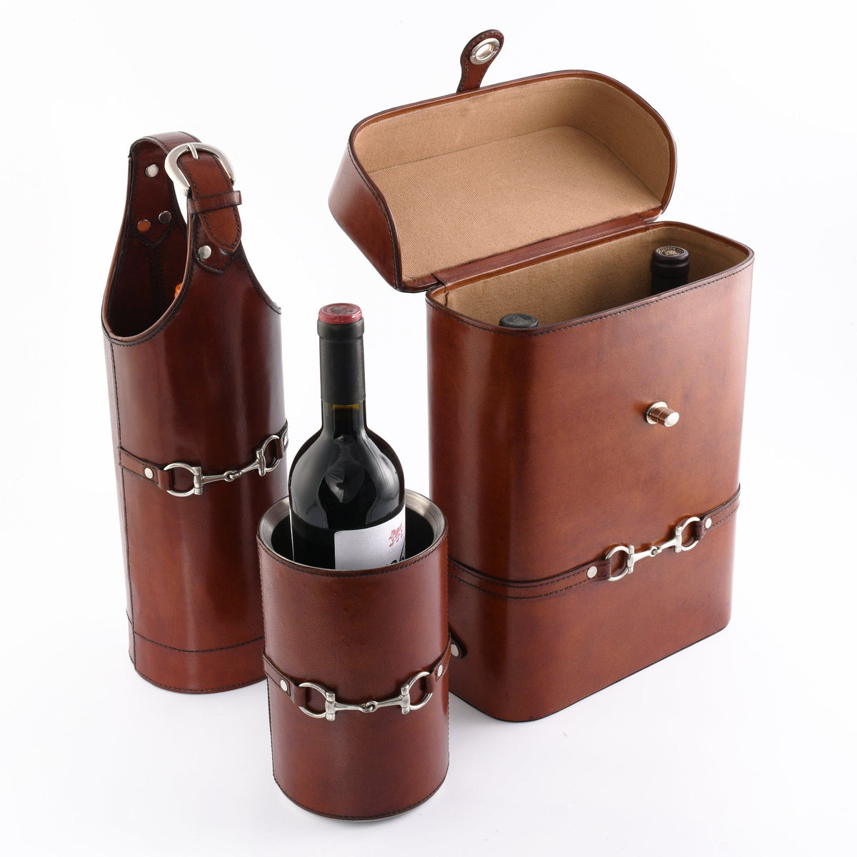 Brown leather wine carrier with a bottle inside on a white background