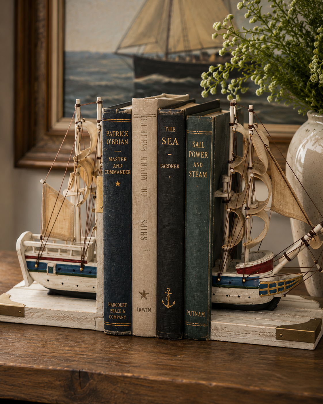 A set of four decorative books styled as bookends on a wooden table, flanked by two white model sailboats. The books include titles like 'Patrick O'Brien' and 'The Sea'.