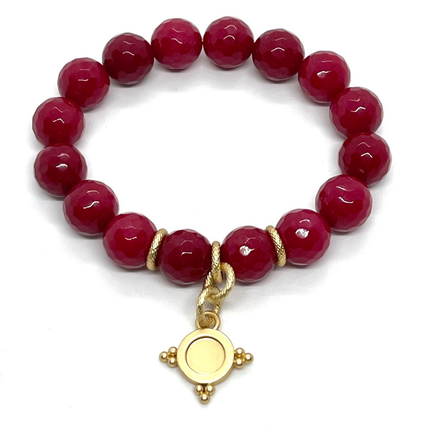 Red Jade Stretch Bracelet With Matte Gold Starburst