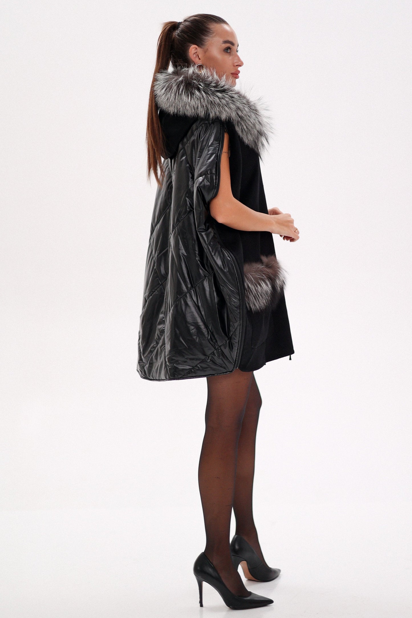 Saga®Furs Silver Fox Wool Alpaca Poncho Vest in Black