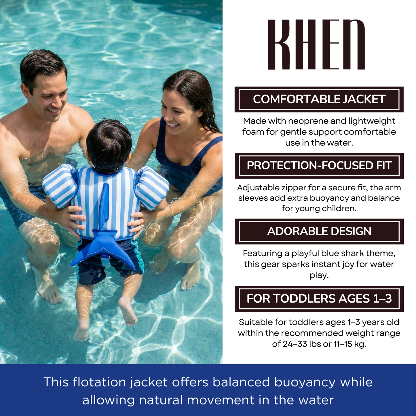 Floating Jackets with Sleeves for Bool or Beach | 1-3 Years | Blue Shark