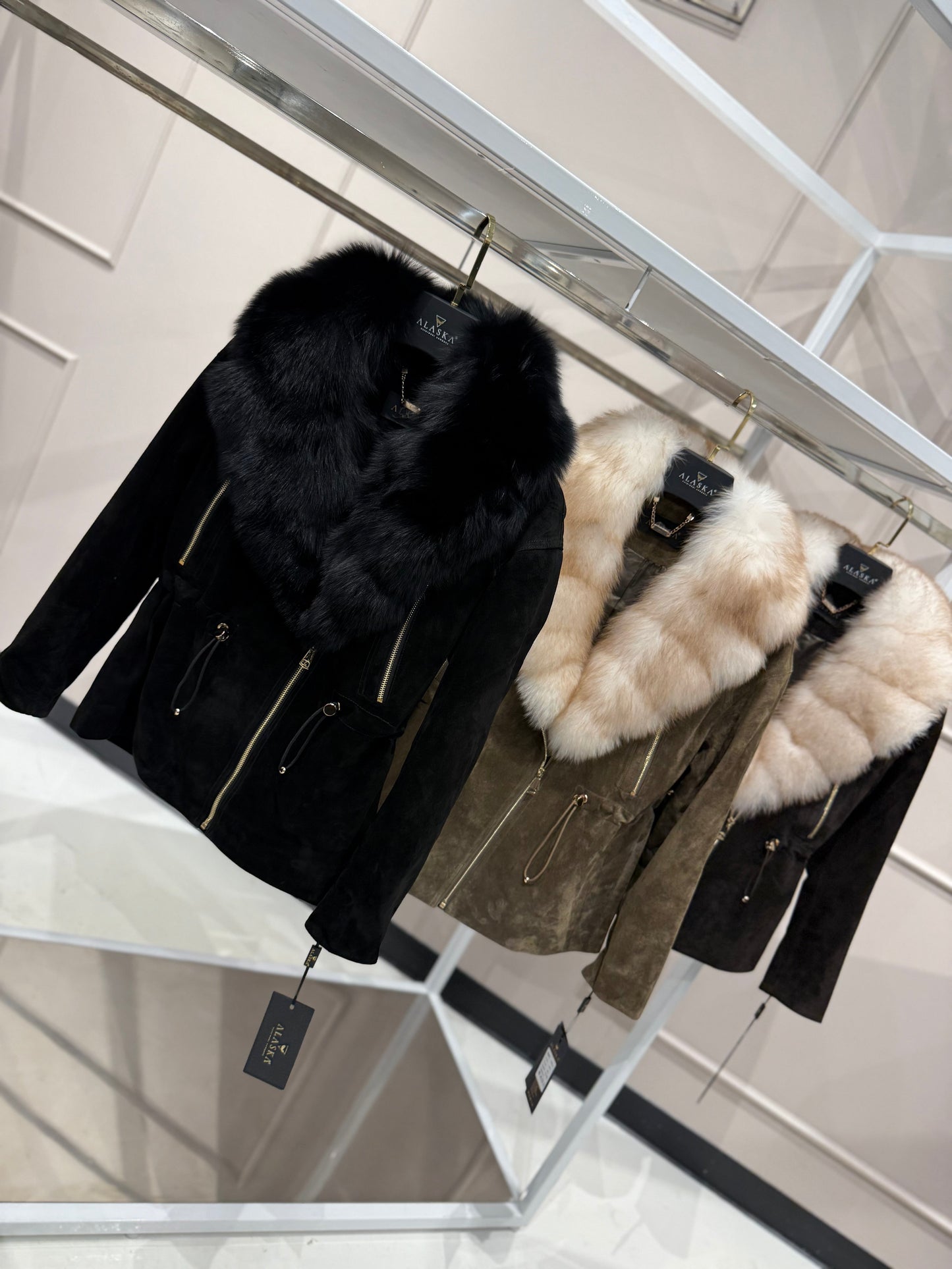 Vivienne Genuine Suede Polar Fox Trim Coat in Black