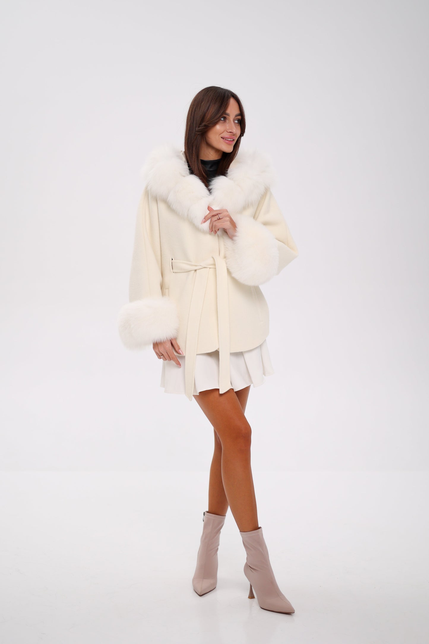 Genuine Polar Fox Fur Wool Hooded Coat