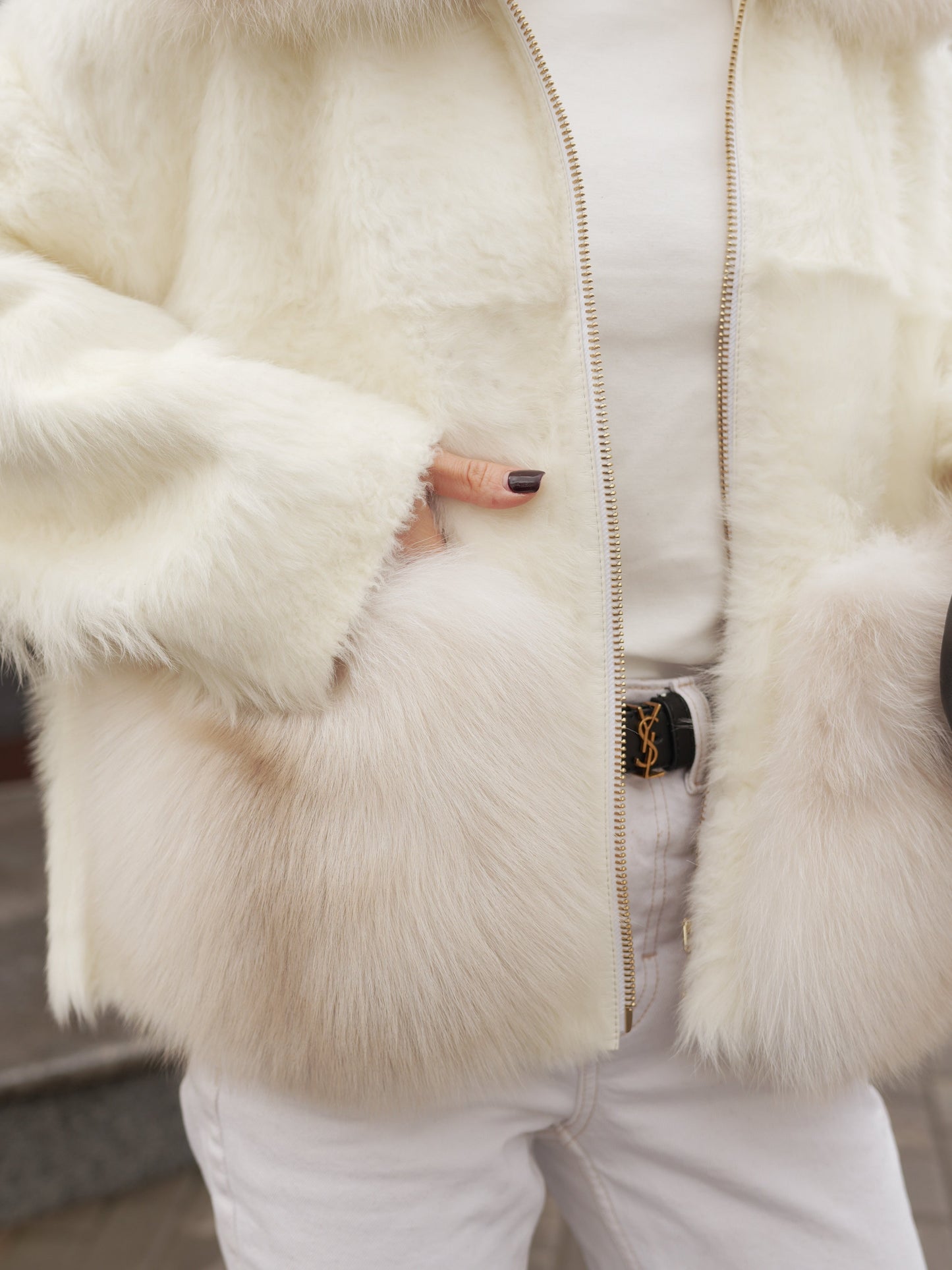 Elysian Genuine Polar Fox Trim Shearling Jacket