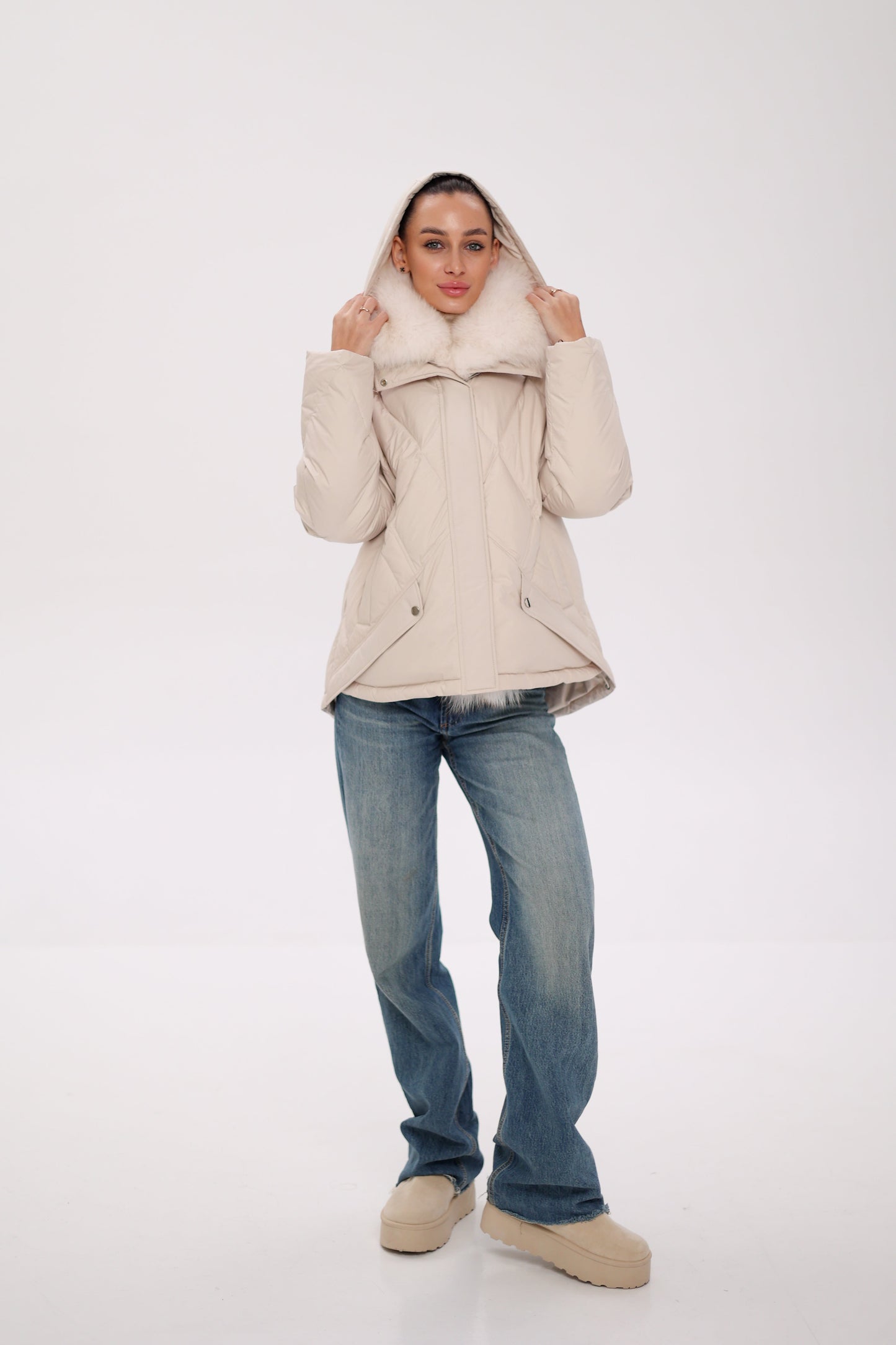 Genuine Polar Fox Fur Down Insulated Parka in Ivory
