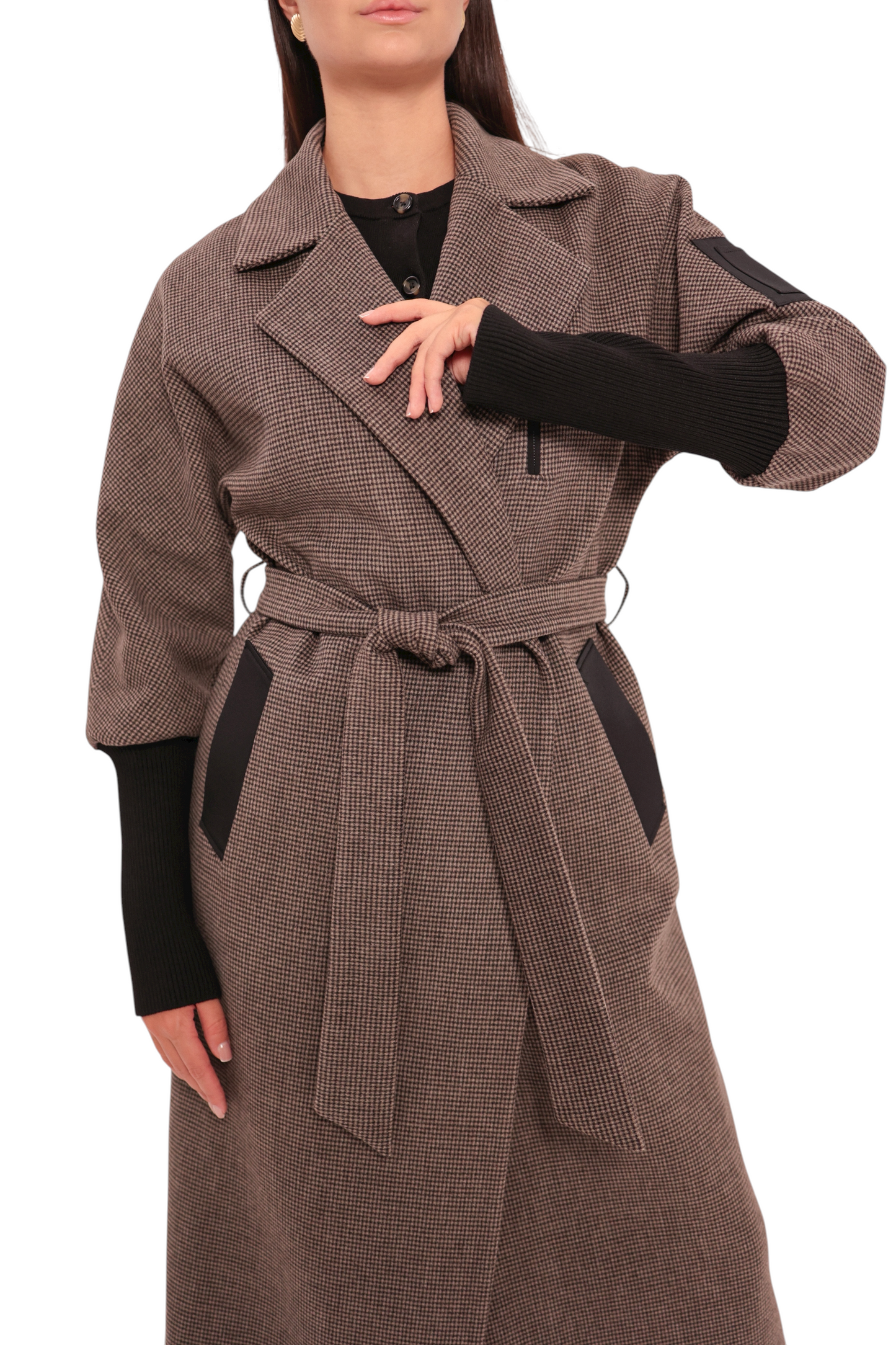 Miru Cashmere Wool Blend Overcoat in Beige Houndstooth