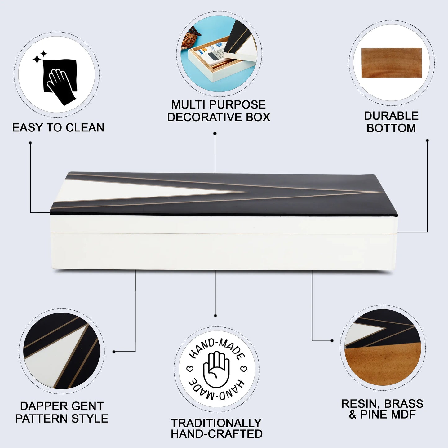 Kept Dapper Black White Resin Inlay & Brass  Storage Box, 7 Sizes