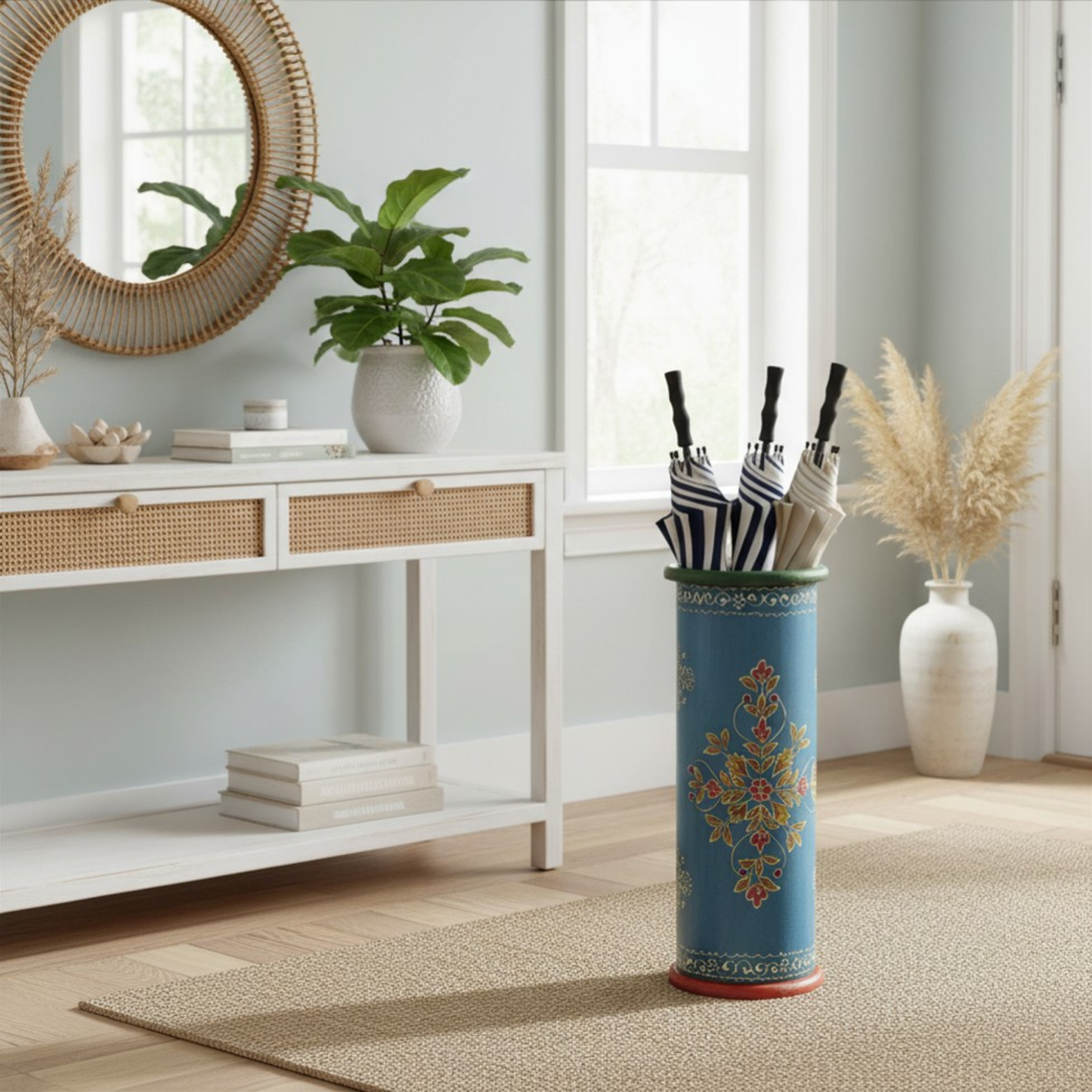 Hand-Painted Blue Wooden Umbrella Stand - Rustic Artisan Entryway Umbrella Holder