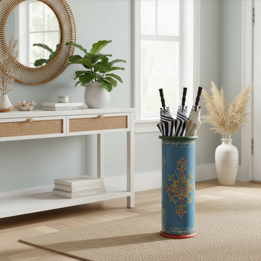 Hand-Painted Blue Wooden Umbrella Stand - Rustic Artisan Entryway Umbrella Holder