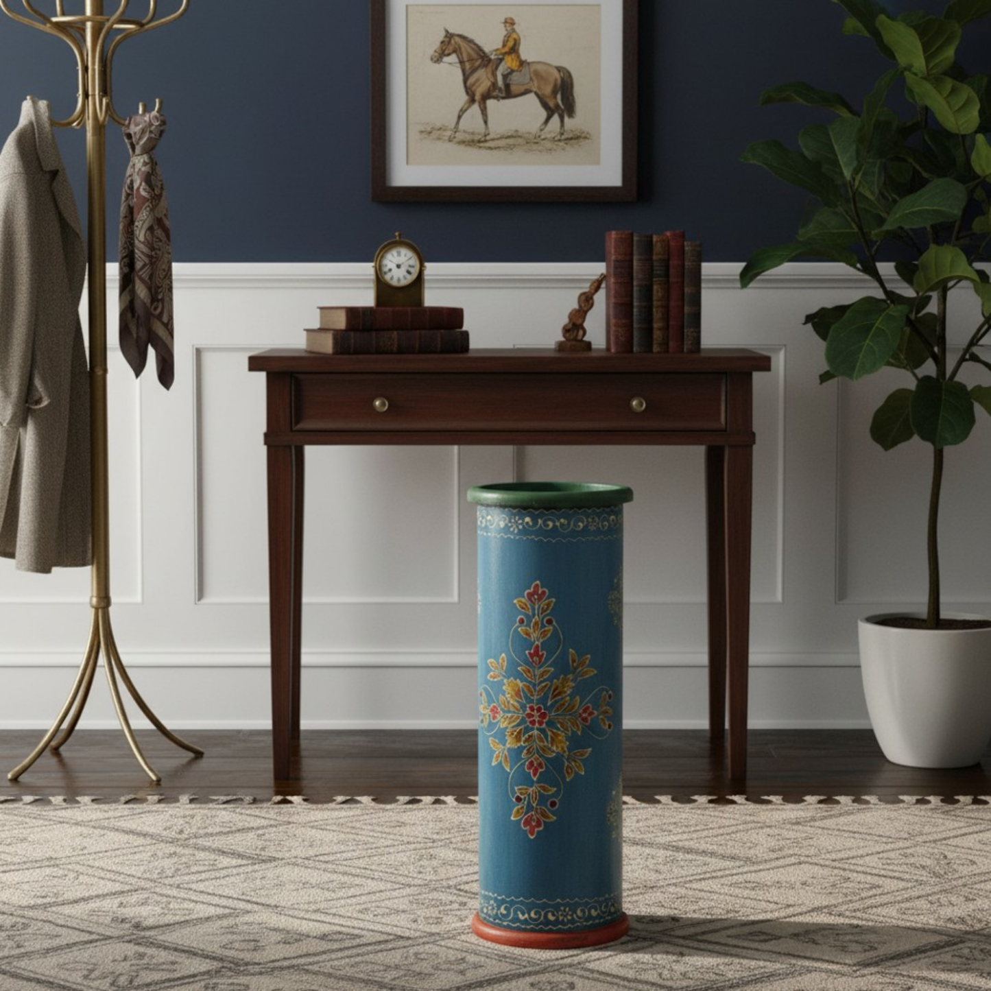 Hand-Painted Blue Wooden Umbrella Stand - Rustic Artisan Entryway Umbrella Holder