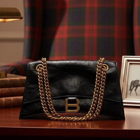 Balenciaga Crush Small Leather Shoulder Bag - Black Crinkled Calfskin Designer Handbag