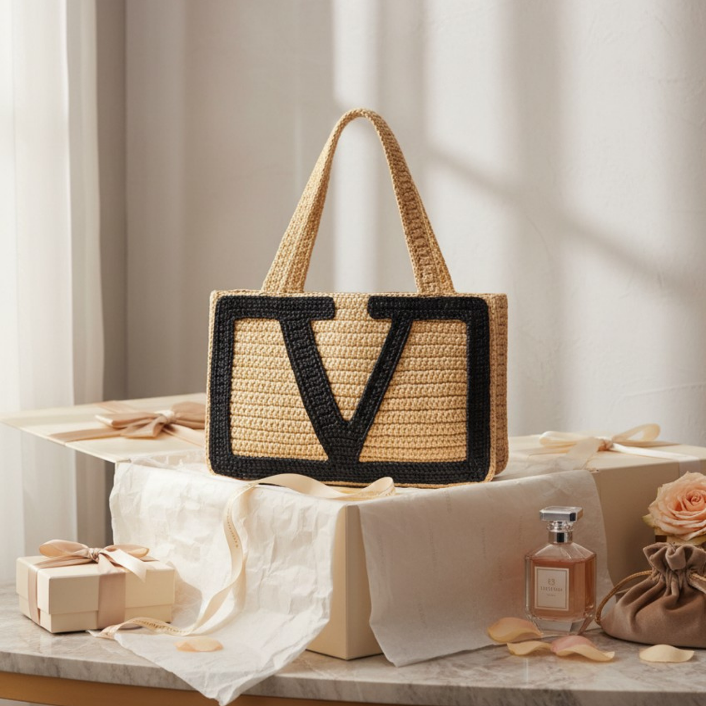 Valentino Garavani Viva Superstar Raffia Tote - Medium Crochet V Logo Shopping Bag