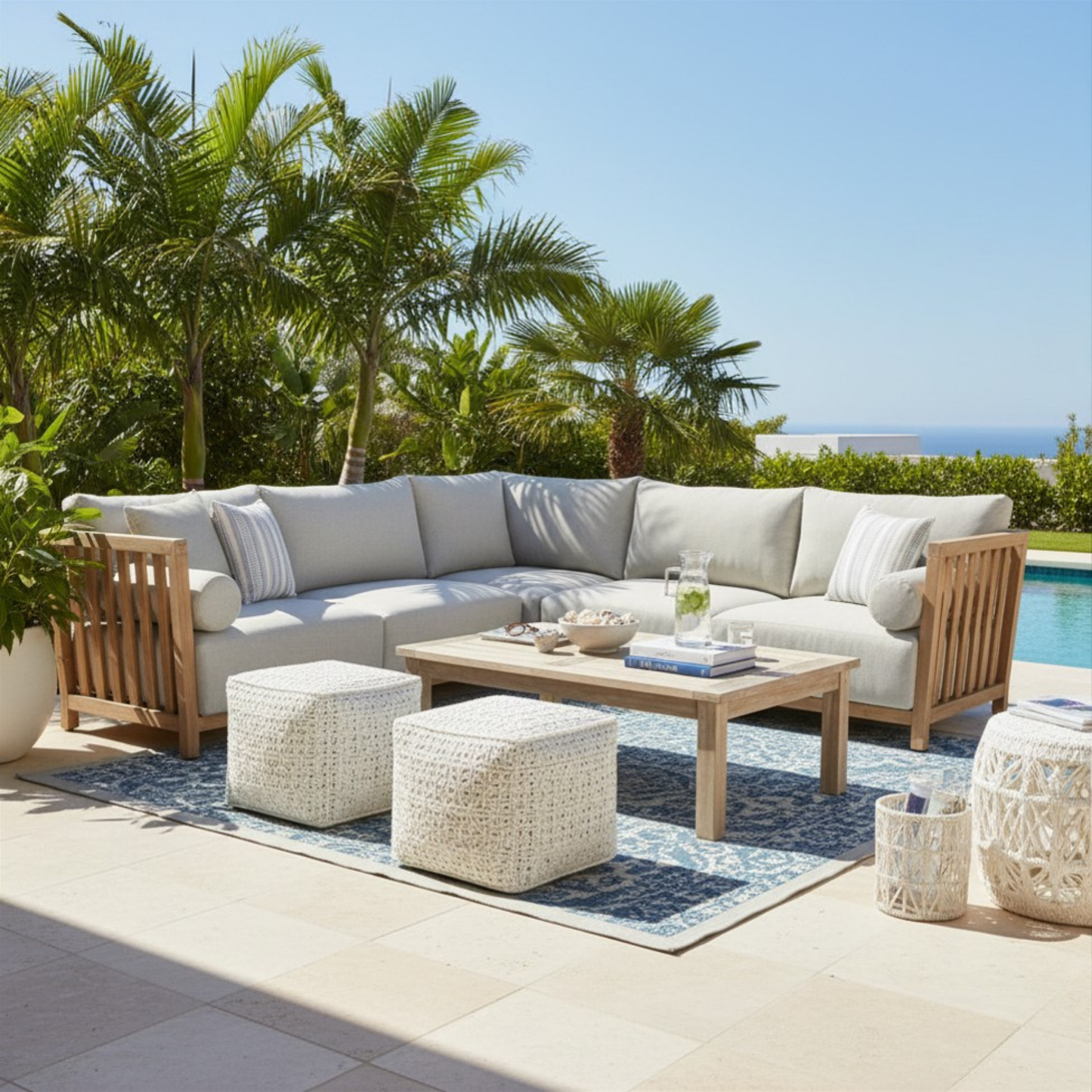 Teras Outdoor Sectional Sofa – Taupe Cushions & Acacia Wood