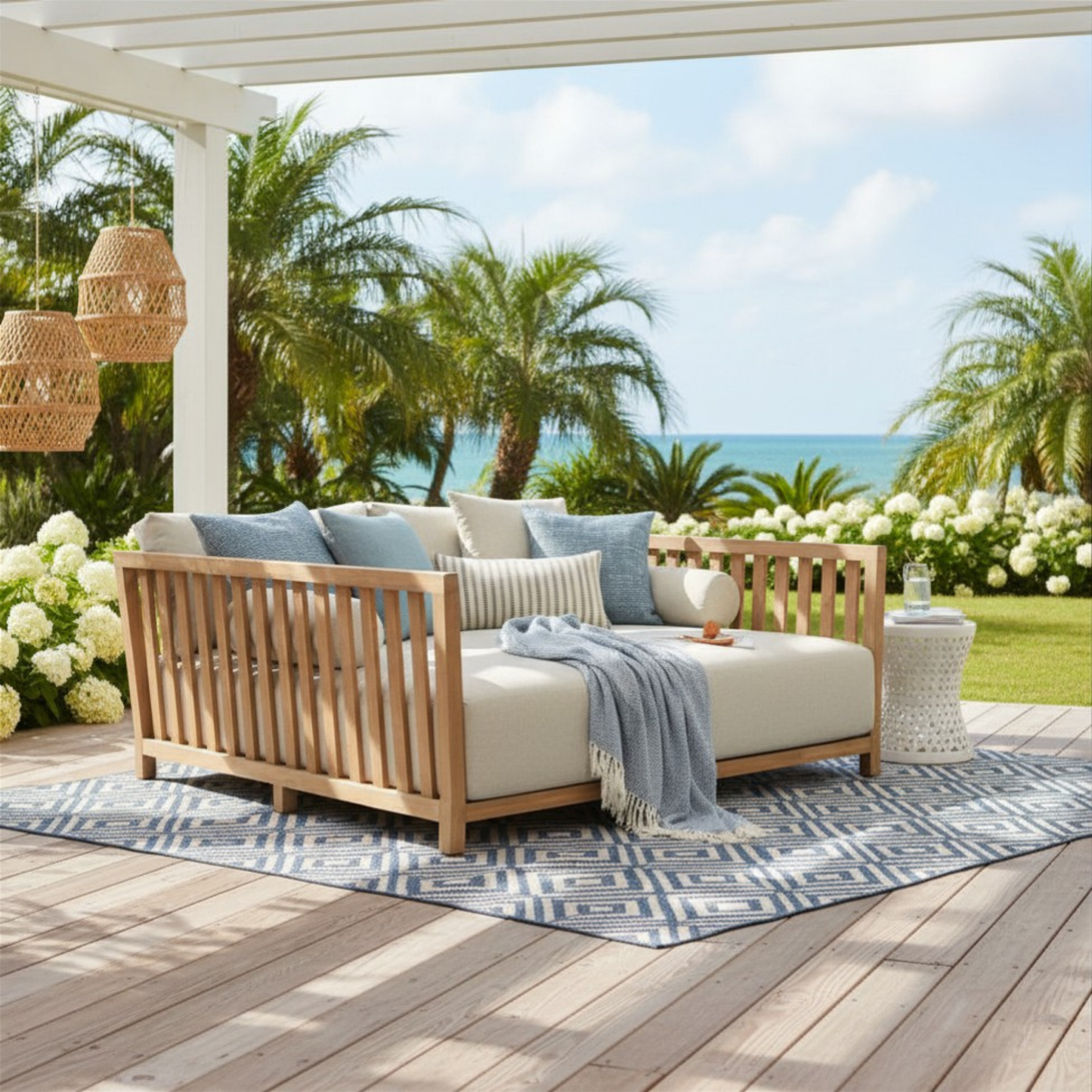 Teras Outdoor Daybed – Acacia Wood & Upholstered Olefin Fabric