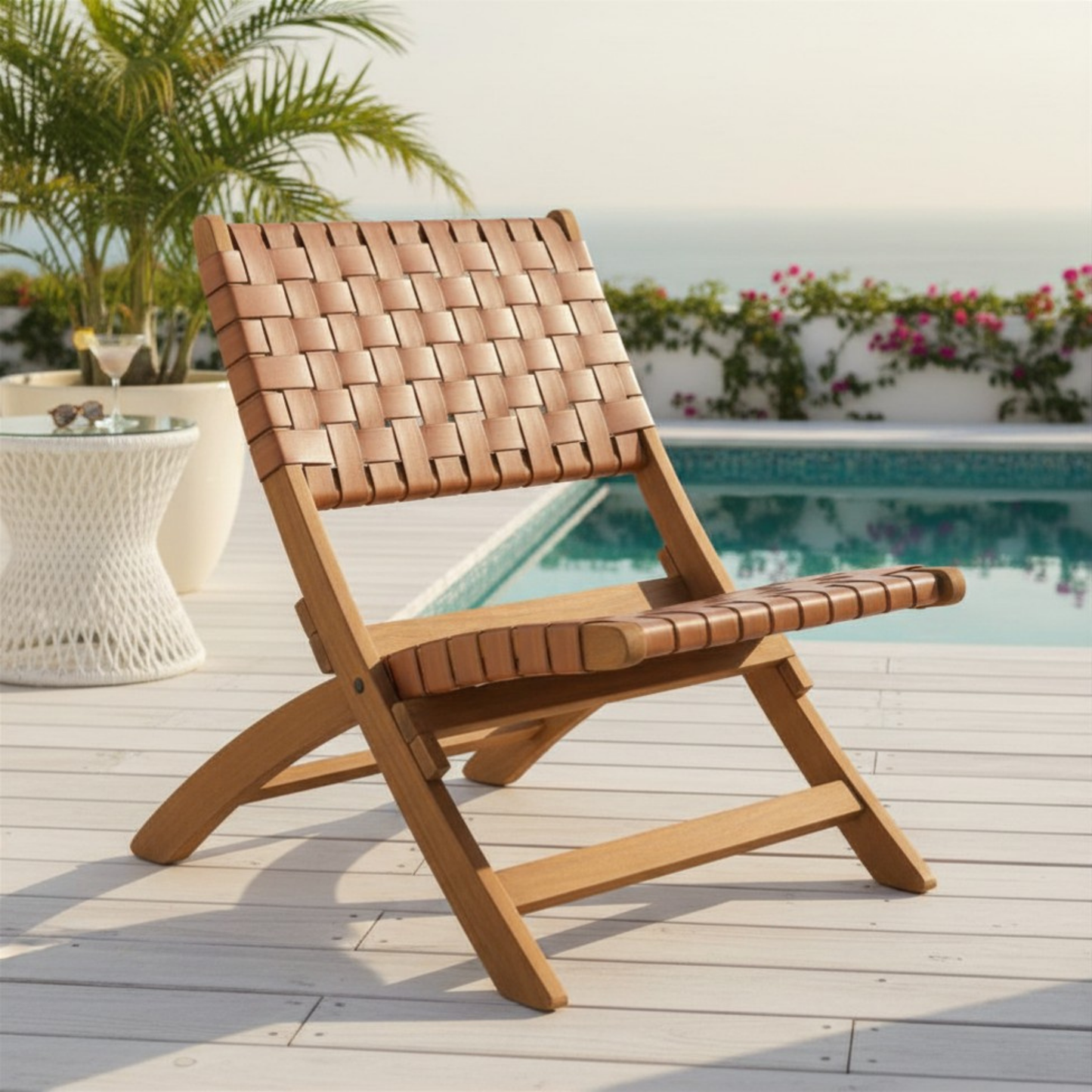 Sunflare Acacia Wood & Rattan Weave Outdoor Lounge Chair