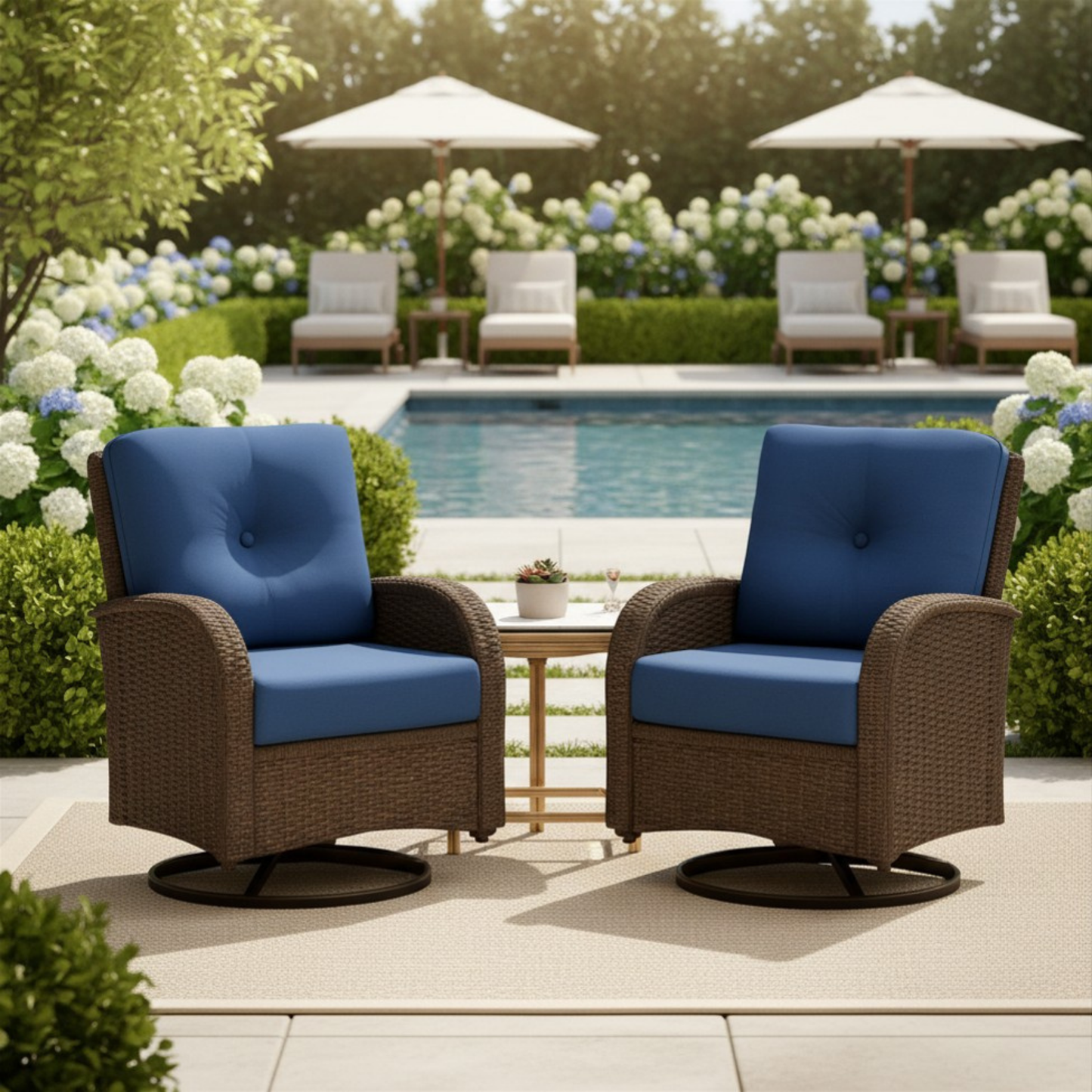 Patio Wicker Swivel Rocker Chair Set with Glass-Top Side Table – Brown & Blue