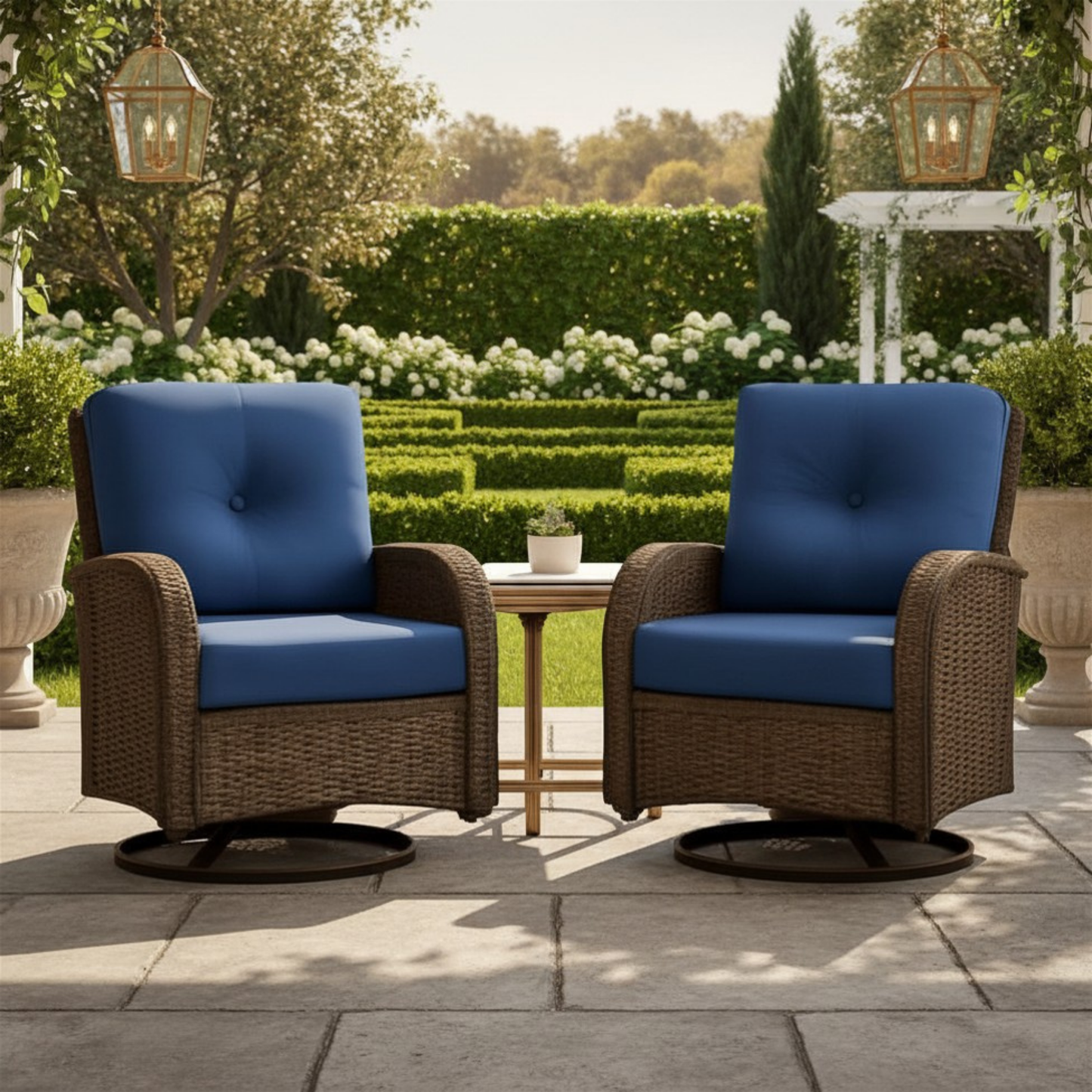 Patio Wicker Swivel Rocker Chair Set with Glass-Top Side Table – Brown & Blue