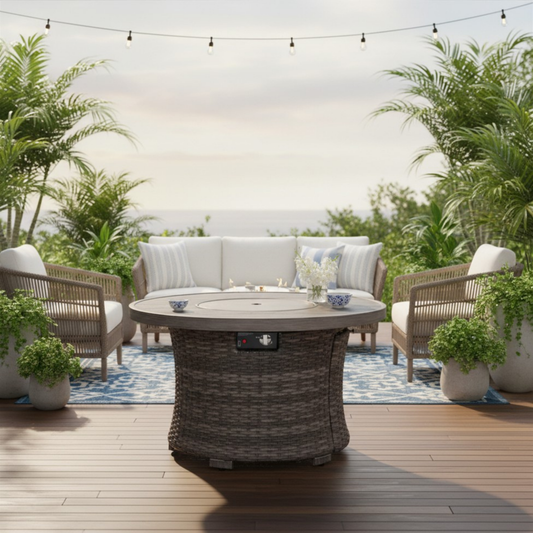 The Tenaya Round Wicker Fire Pit Outdoor Table with Metal Cover