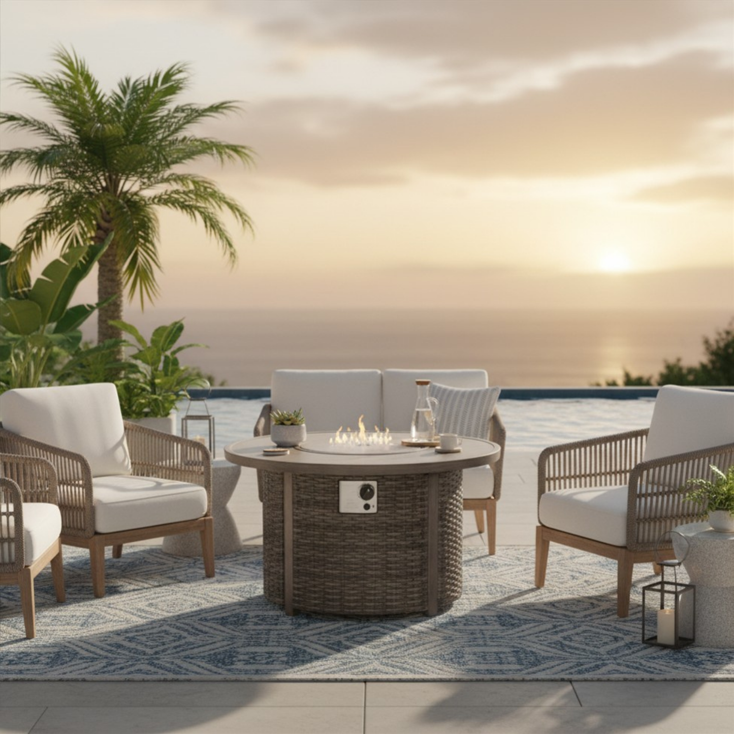 The Tenaya Round Wicker Outdoor Luxury Fire Pit Table – 42" Wood-Grain Finish