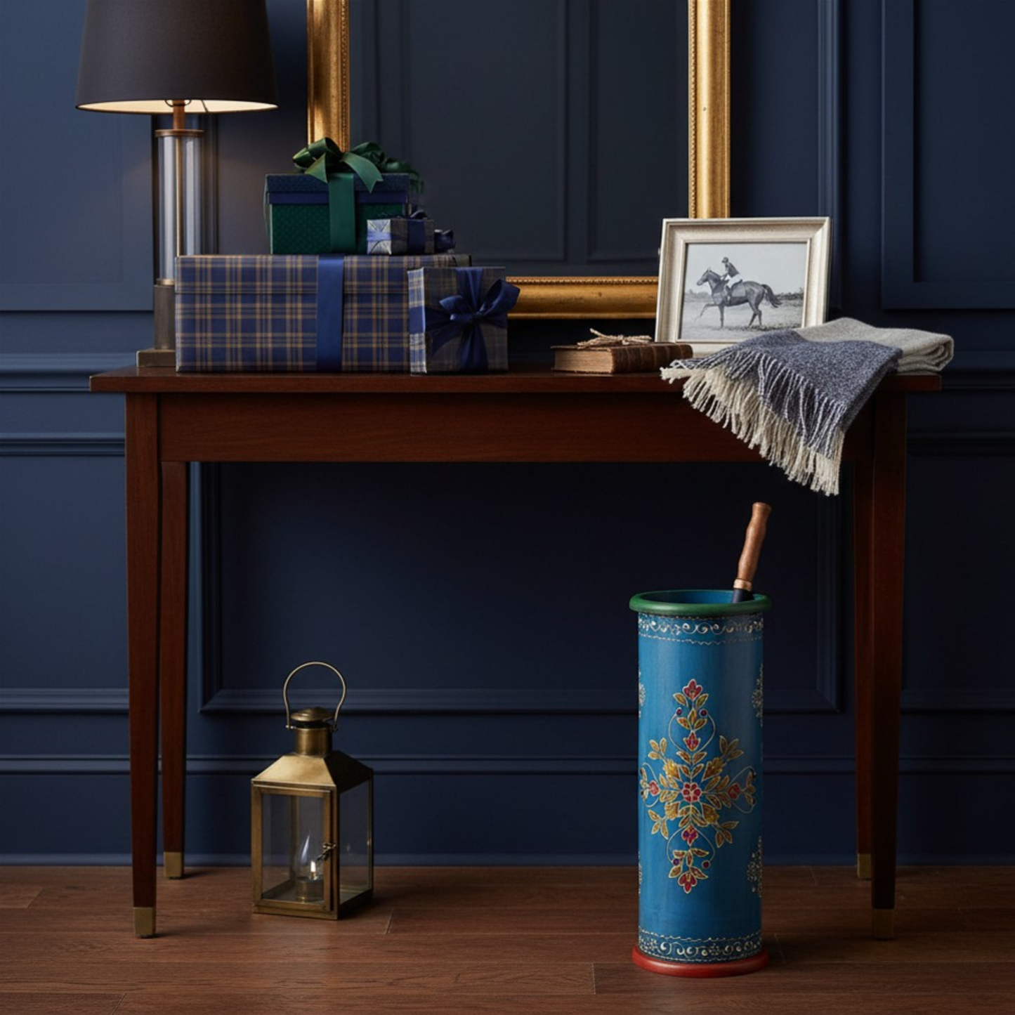 Hand-Painted Blue Wooden Umbrella Stand - Rustic Artisan Entryway Umbrella Holder