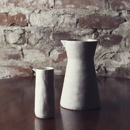 The Rugueux Stoneware Carafe Artisan Pitcher in Pearl