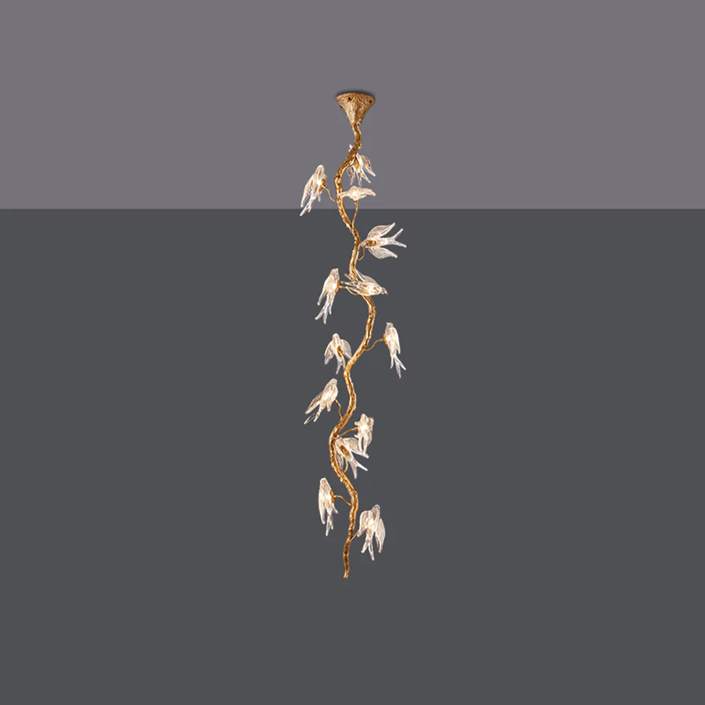 Bird Glass Tree Branch Long Staircase Chandelier