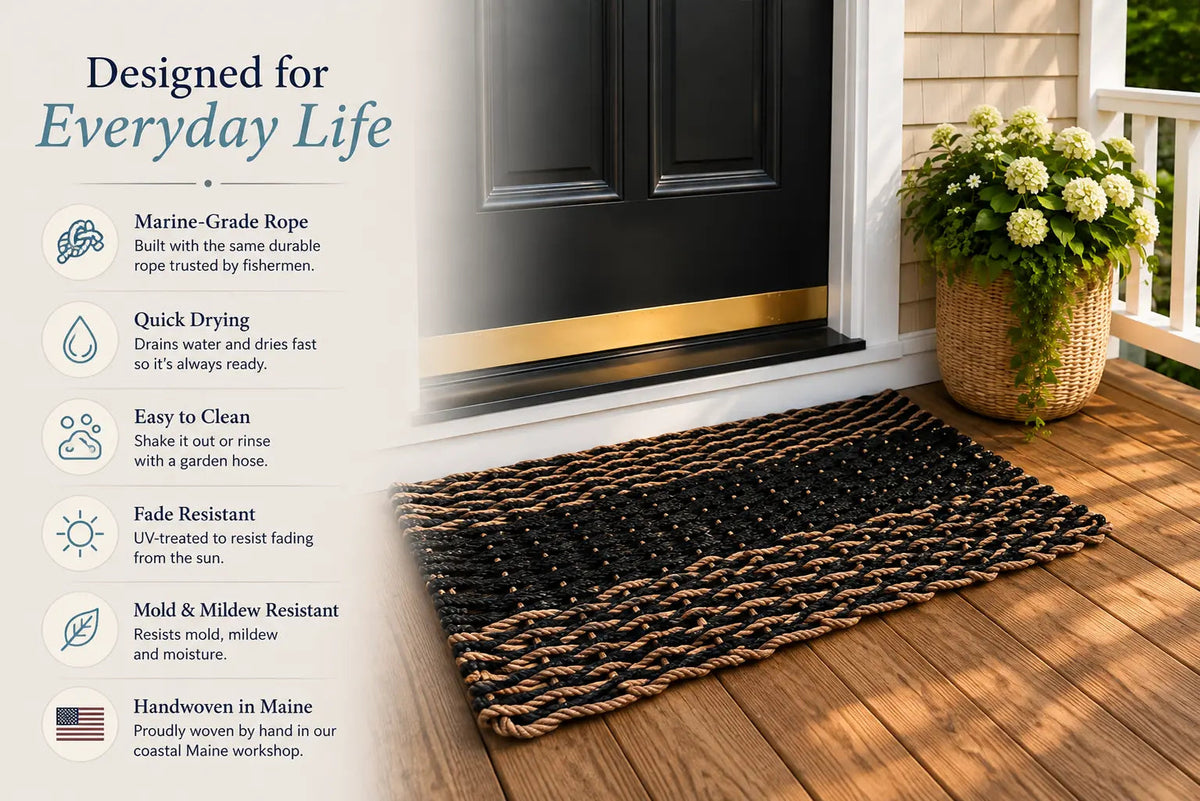 A woven black and brown porch mat shown on a wooden deck in front of a door, with a potted plant nearby and marketing text along the left side describing product features.