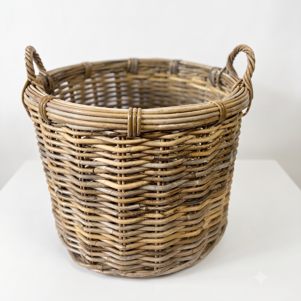 A natural woven wicker basket with two loop handles, shown on a clean white background.