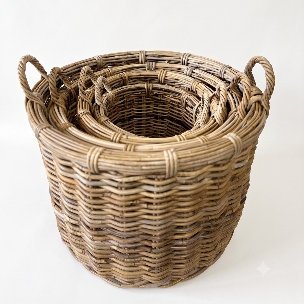 A natural woven wicker basket with two loop handles, shown nested inside a larger basket on a clean white background.