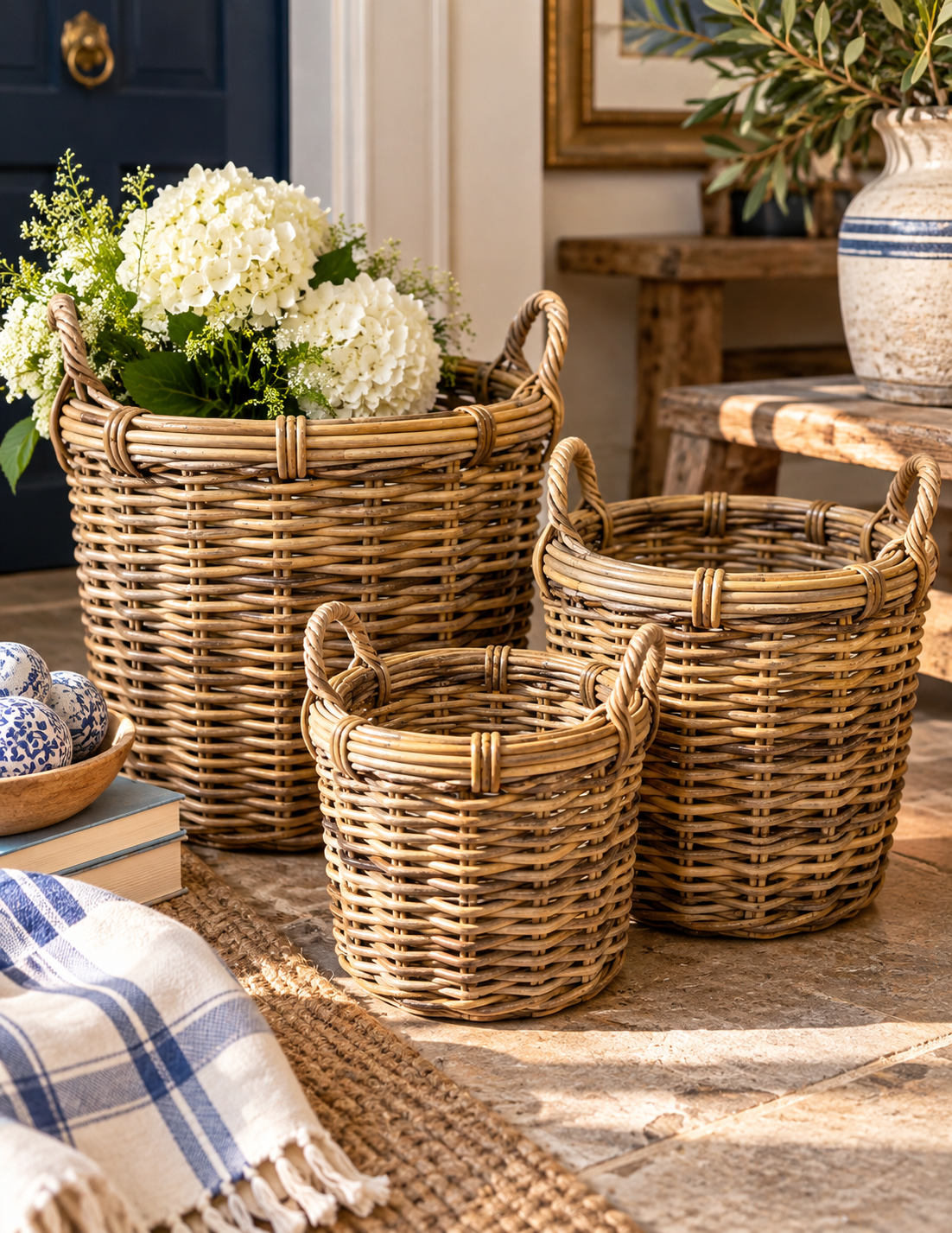 Three natural woven wicker storage baskets in different sizes arranged on a stone floor in a styled home interior. The largest basket holds white hydrangea flowers, with a blue-and-white plaid throw blanket, books, and other decor visible around them.