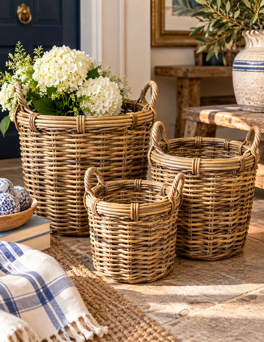 Three natural woven wicker storage baskets in different sizes arranged on a stone floor in a styled home interior. The largest basket holds white hydrangea flowers, with a blue-and-white plaid throw blanket, books, and other decor visible around them.