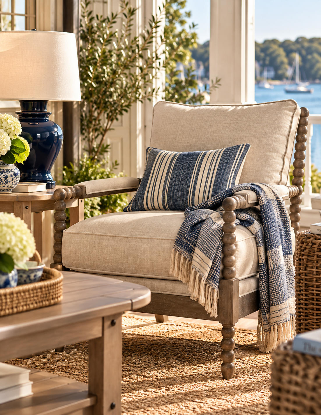 A beige upholstered armchair with turned wooden arms and legs, styled with a blue and cream striped pillow and a blue fringed throw blanket. The chair is set in a bright, coastal-themed room with a wooden side table, a blue lamp, and a window overlooking water.