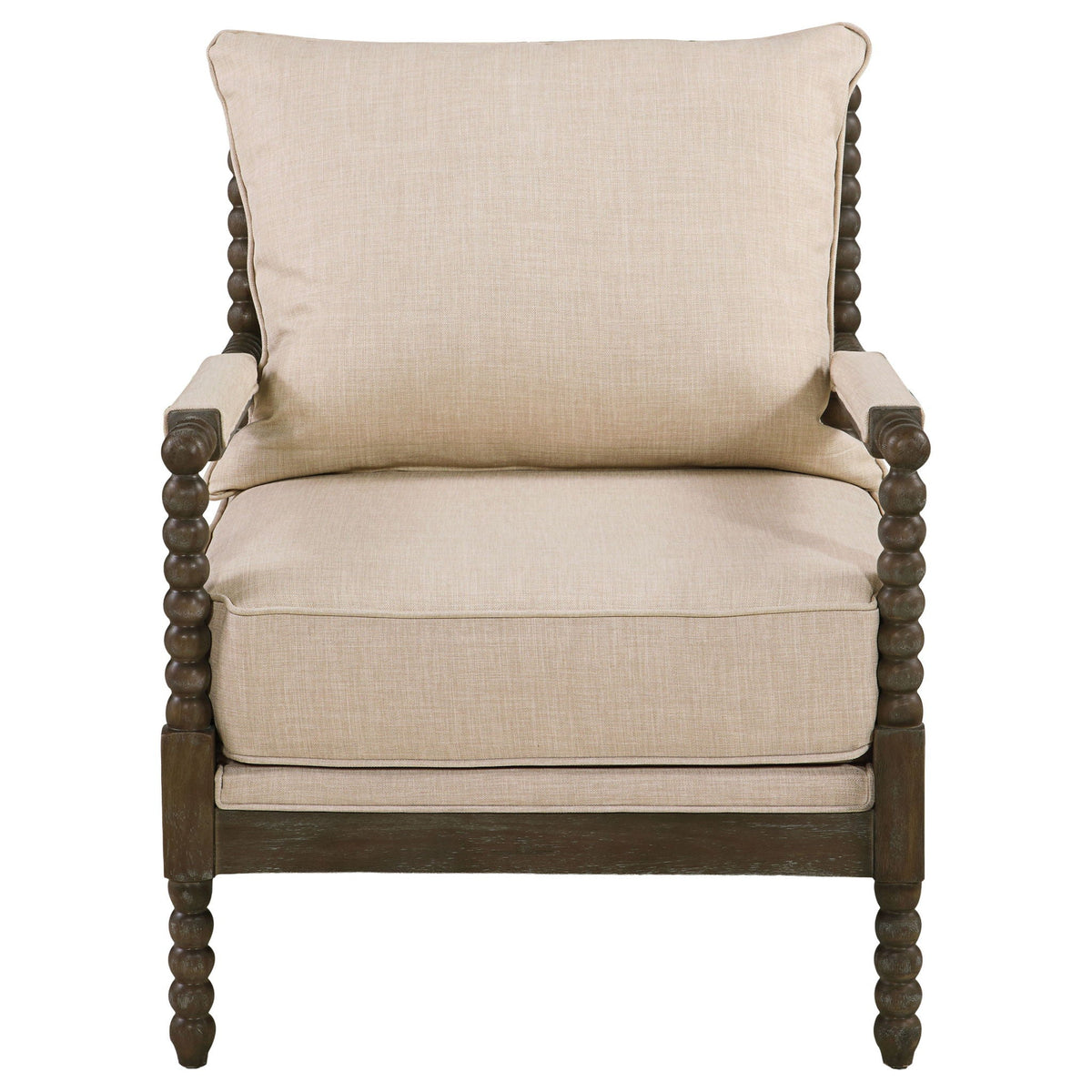 Beige armchair with wooden legs on a white background