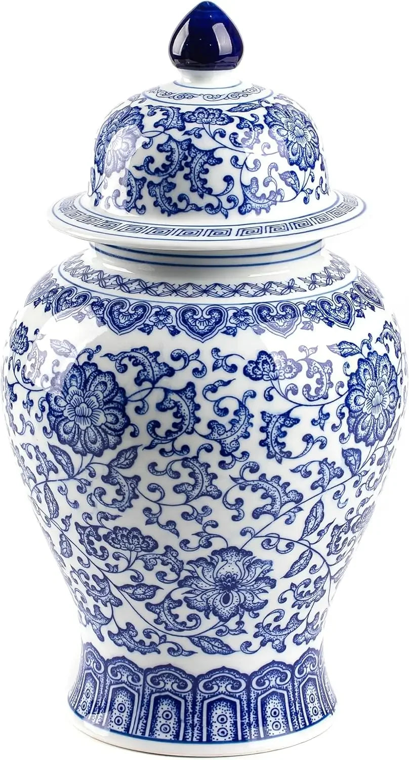 Decorative blue and white ceramic jar with intricate patterns on a white background
