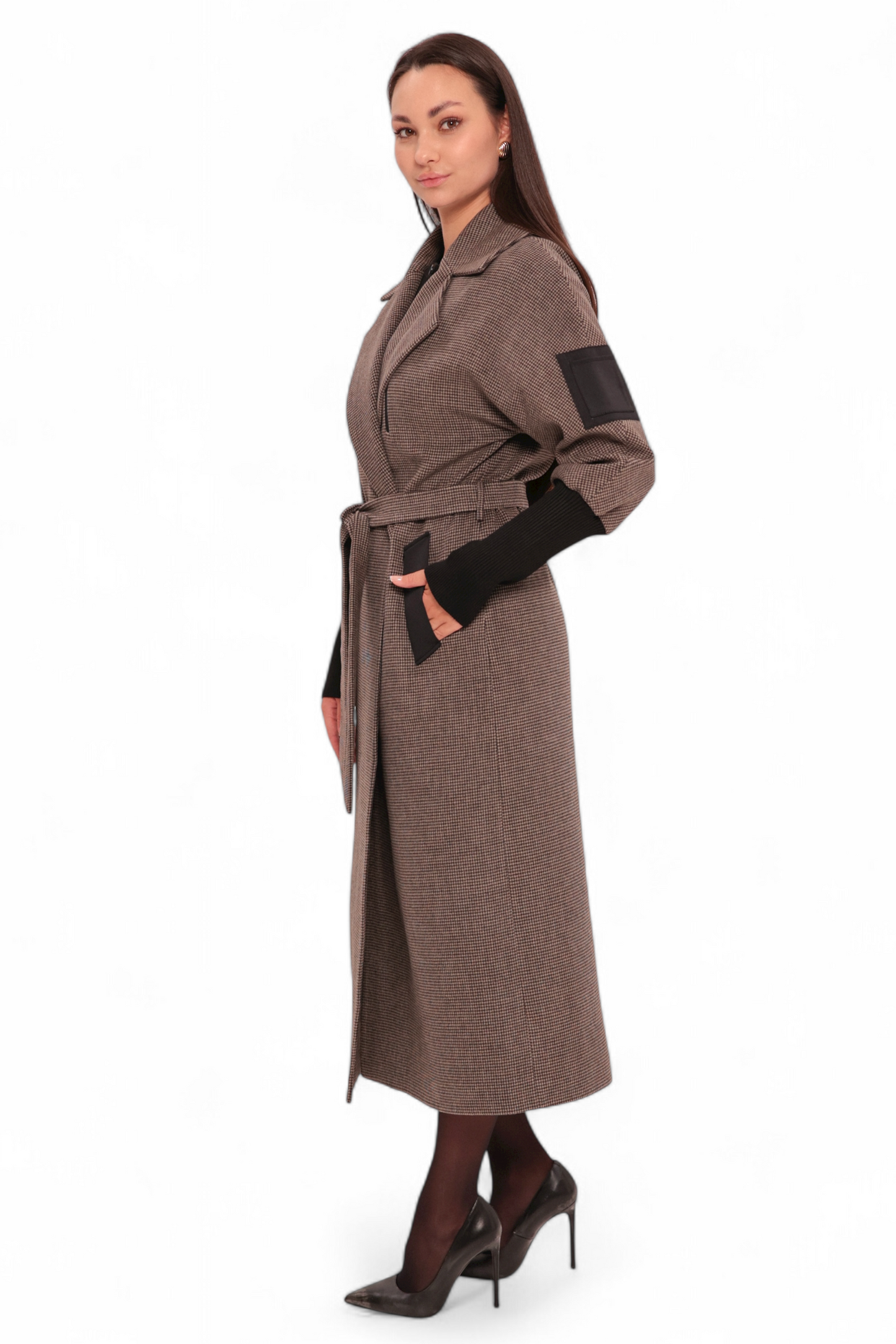 Miru Cashmere Wool Blend Overcoat in Beige Houndstooth