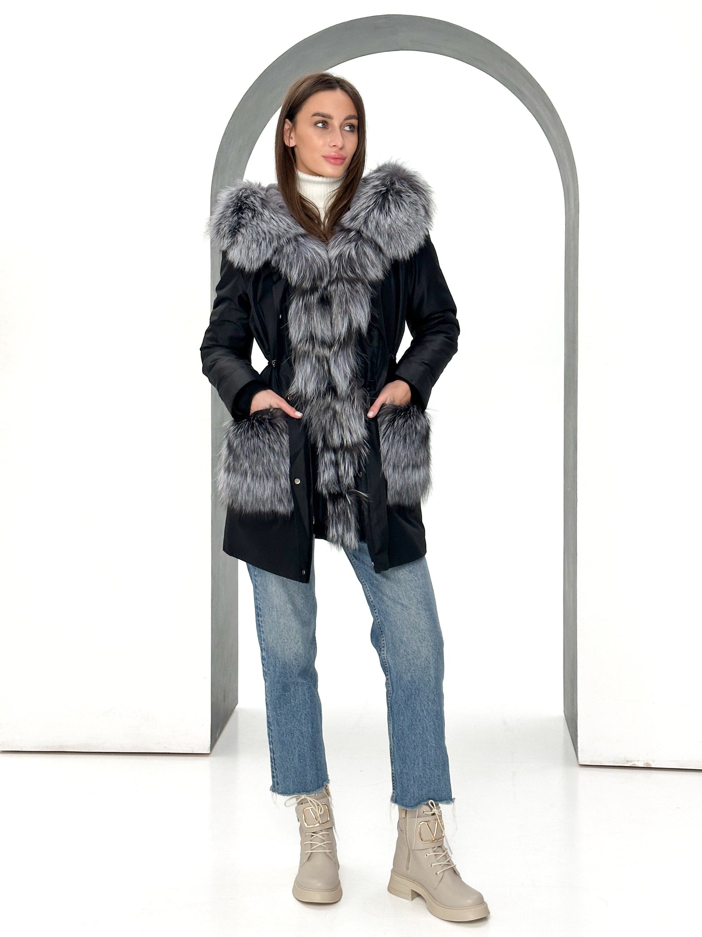 Roma Genuine Silver Fox Fur Rabbit Fur Insulated Parka in Black