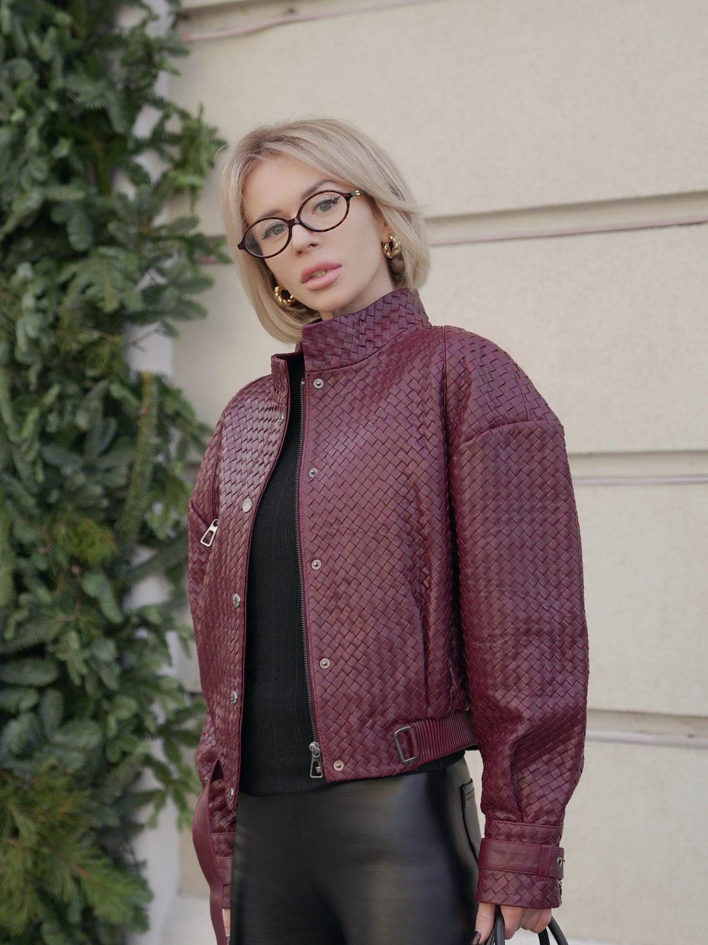 Marlowe Braided Genuine Leather Jacket in Bordeaux