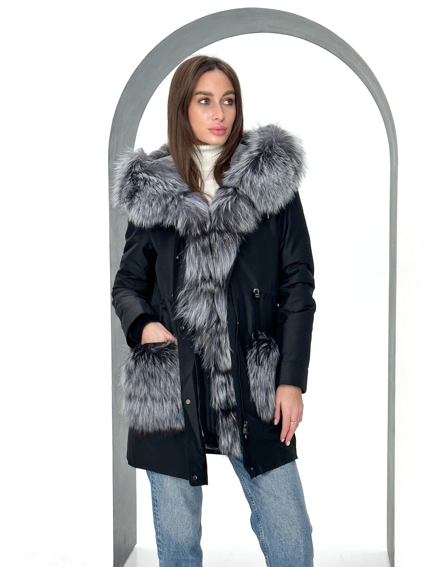 Roma Genuine Silver Fox Fur Rabbit Fur Insulated Parka in Black